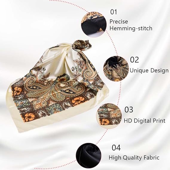 4Pcs Silk Head Scarves for Women Satin Hair Scarf 35”Large Square Bandana Silk Like Neck Scarf Shawl