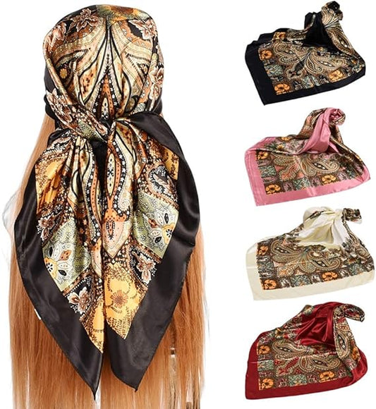 4Pcs Silk Head Scarves for Women Satin Hair Scarf 35”Large Square Bandana Silk Like Neck Scarf Shawl