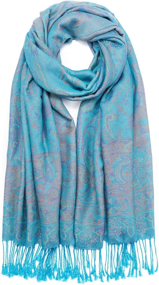 Pashmina Shawl Wrap Women Reversible Vintage Jacquard Pashmina Rave Scarf with Fringe for Evening, Wedding